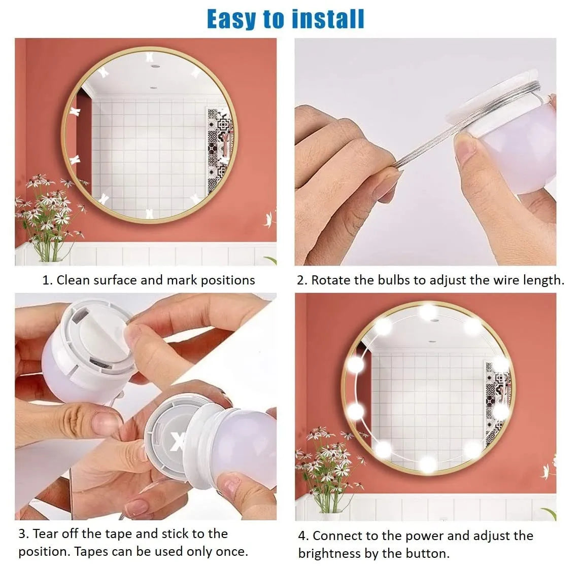 Vanity Mirror Lights - USB Vanity Lights Makeup Lighting 10 Dimmable Light Bulbs - Hollywood Style LED Vanity Mirror Lights Kit for Makeup - Table Bathroom Dressing Room