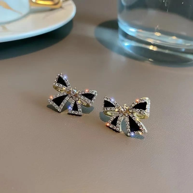 Stylish Black Ribbon Earrings Adorned with Zircon Stones