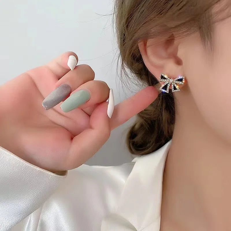 Stylish Black Ribbon Earrings Adorned with Zircon Stones