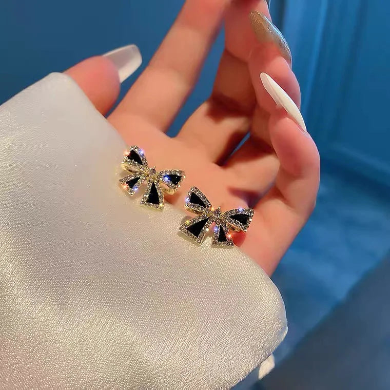 Stylish Black Ribbon Earrings Adorned with Zircon Stones