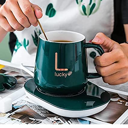 Green Ceramic Mug with Auto Heating Pad – Keep Your Coffee Warm