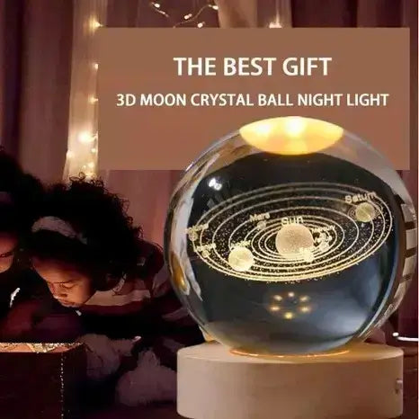 3D Solar System Crystal Ball Night Light – With Wooden LED Base