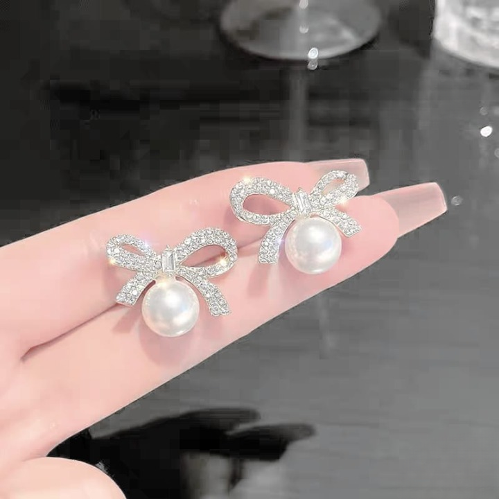 Bow Knot Pearl Earrings with Zircon – Korean Style (PJX-113)