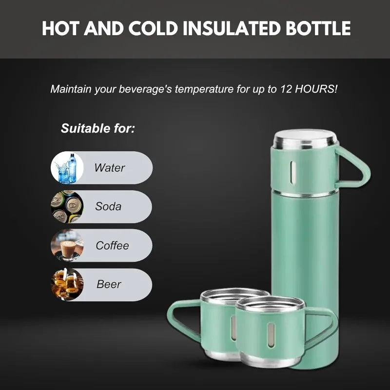 Stainless Steel Vacuum Flask Set, 500ml With 2cups (Random Color)