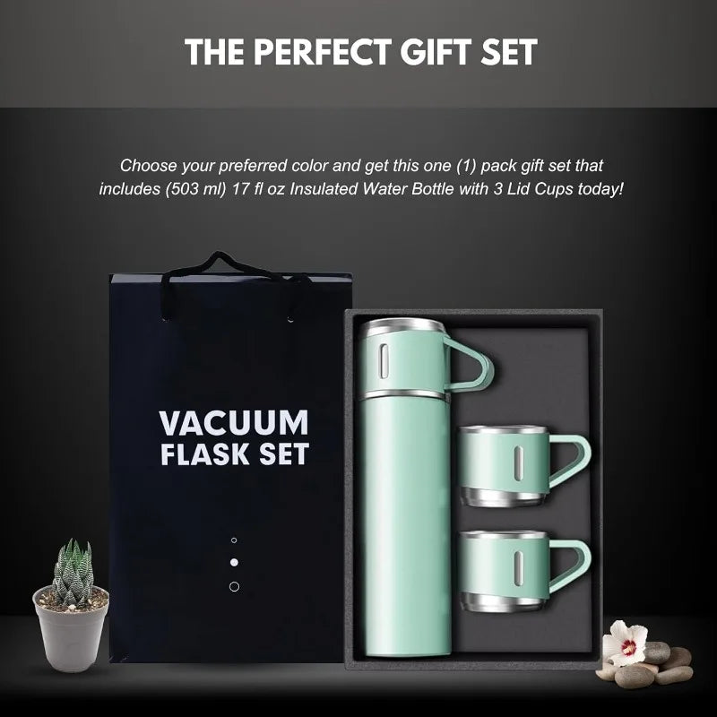 Stainless Steel Vacuum Flask Set, 500ml With 2cups (Random Color)