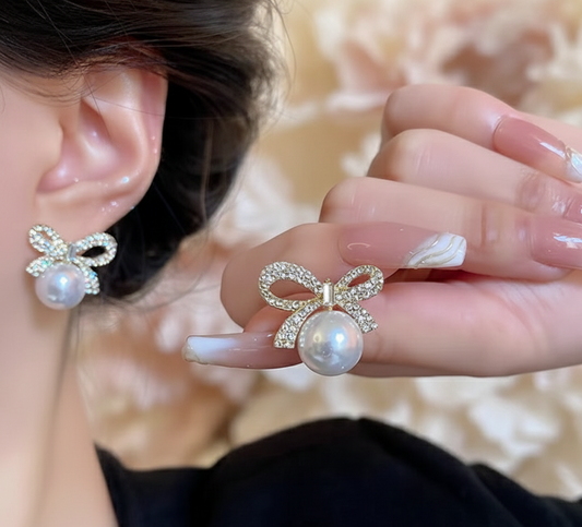 Bow Knot Pearl Earrings with Zircon – Korean Style (PJX-113)