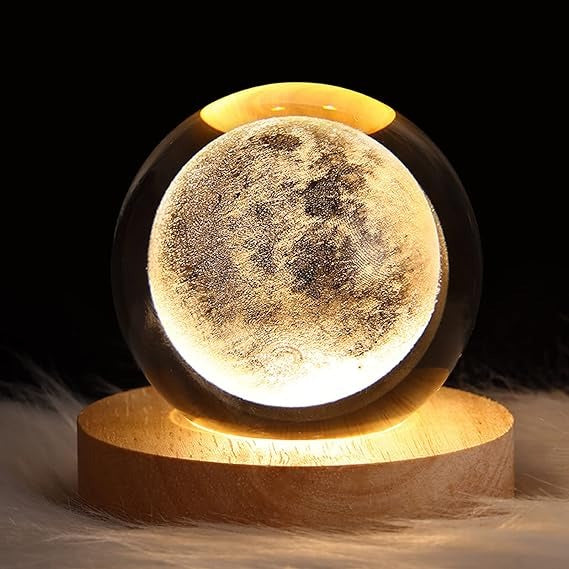 3D Solar System Crystal Ball Night Light – With Wooden LED Base