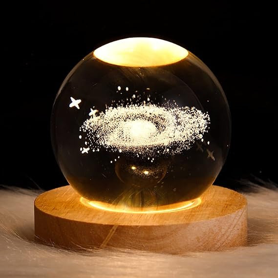 3D Solar System Crystal Ball Night Light – With Wooden LED Base