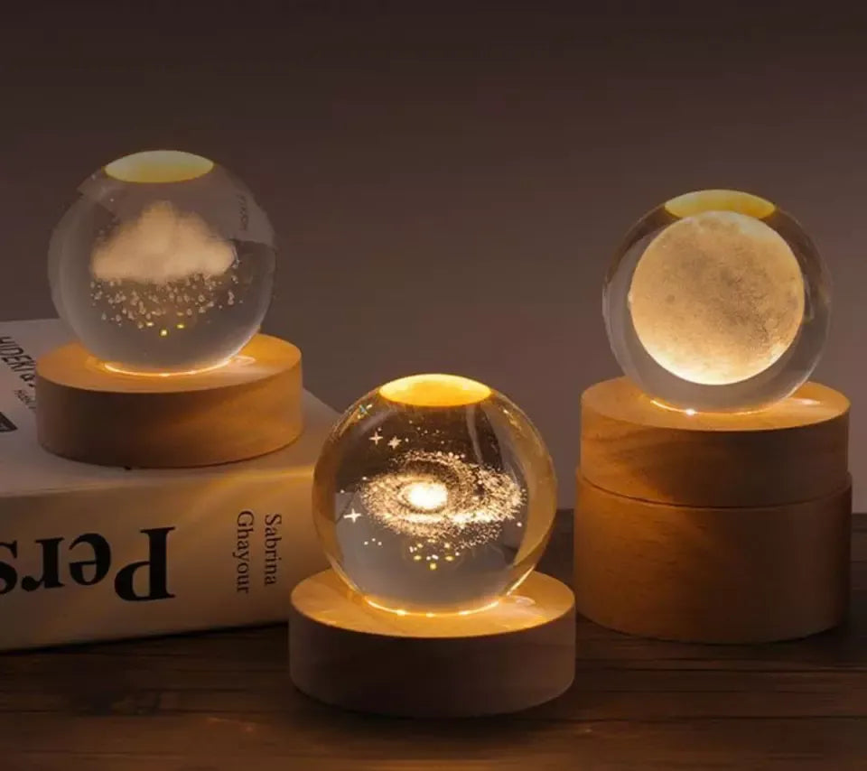 3D Solar System Crystal Ball Night Light – With Wooden LED Base