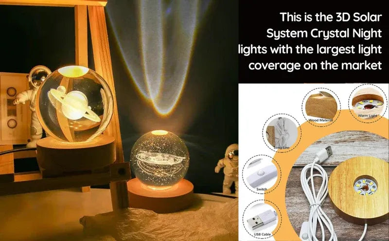 3D Solar System Crystal Ball Night Light – With Wooden LED Base