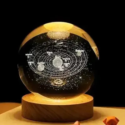 3D Solar System Crystal Ball Night Light – With Wooden LED Base