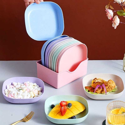 10pcs Plates Set With Holder (Random Colors) | Plates for feeding Kids in rainbow colors | Fruit Snacks Eco-Friendly Cutlery