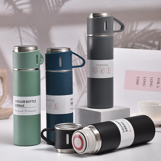 Stainless Steel Vacuum Flask Set, 500ml With 2cups (Random Color)