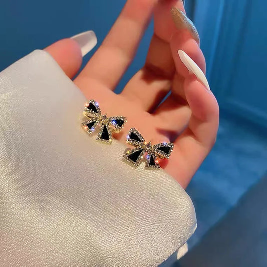 Stylish Black Ribbon Earrings Adorned with Zircon Stones