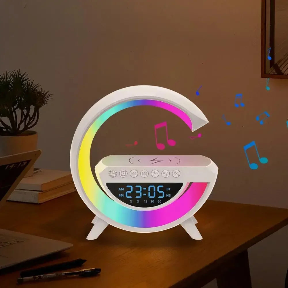 BT- 3401 Multi-functional LED Clock Display Speaker G Lamp | LED wireless charging speaker, G-shaped speaker light, Bluetooth Mp3 player, night light and alarm clock, for living room