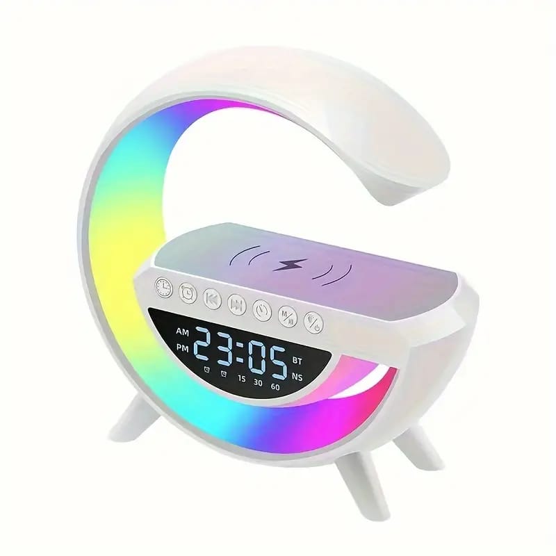 BT- 3401 Multi-functional LED Clock Display Speaker G Lamp | LED wireless charging speaker, G-shaped speaker light, Bluetooth Mp3 player, night light and alarm clock, for living room