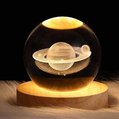 3D Solar System Crystal Ball Night Light – With Wooden LED Base