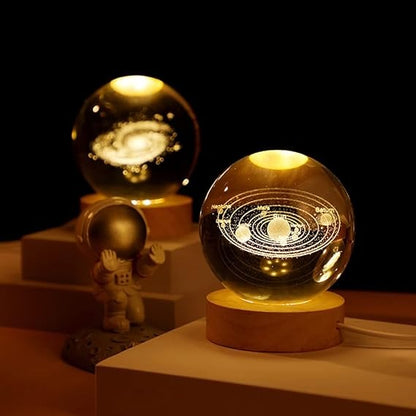 3D Solar System Crystal Ball Night Light – With Wooden LED Base