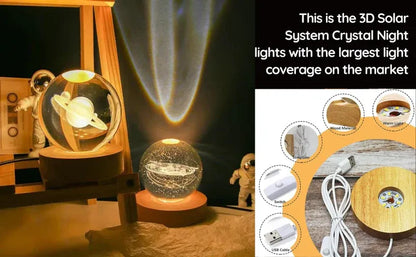 3D Solar System Crystal Ball Night Light – With Wooden LED Base