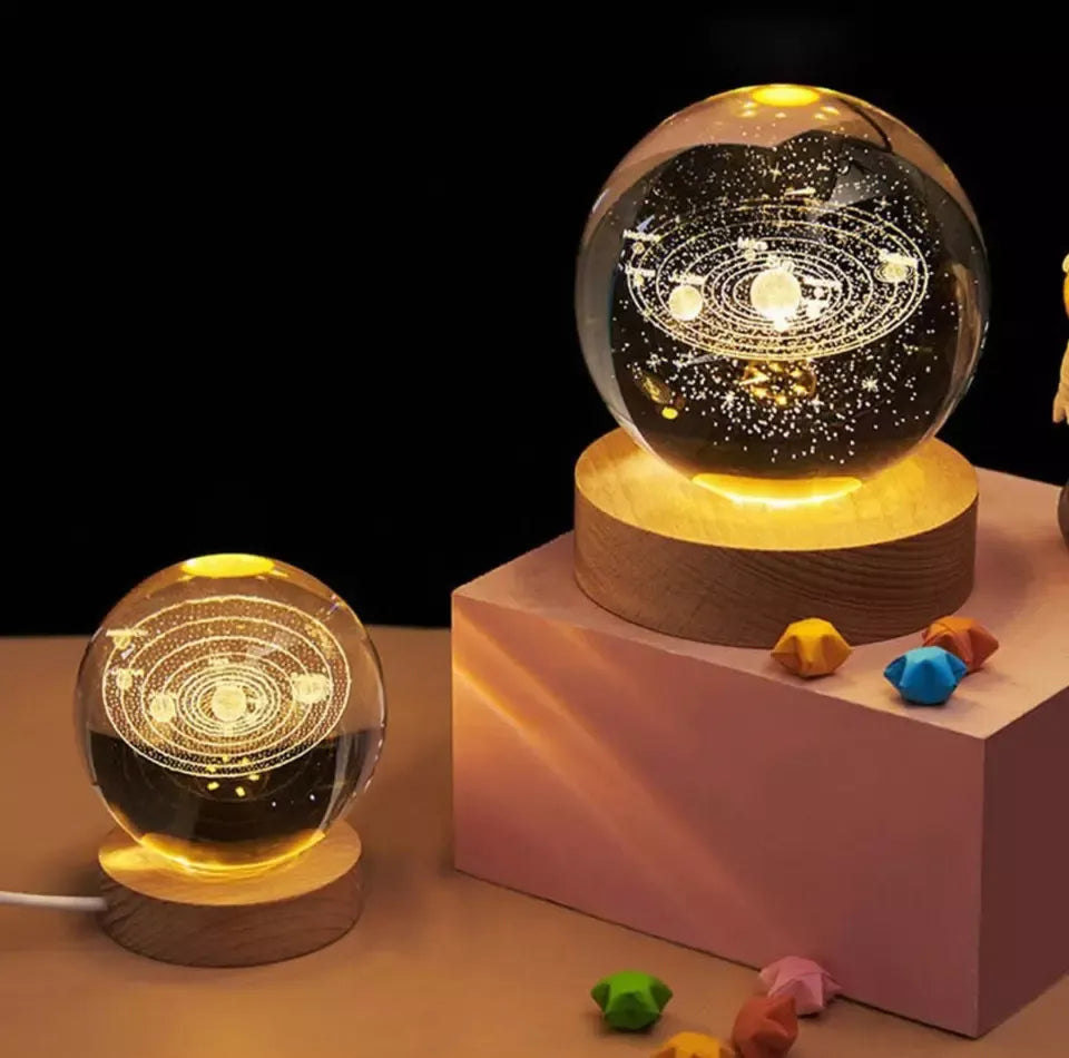 3D Solar System Crystal Ball Night Light – With Wooden LED Base
