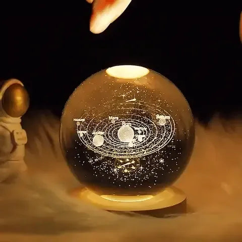 3D Solar System Crystal Ball Night Light – With Wooden LED Base