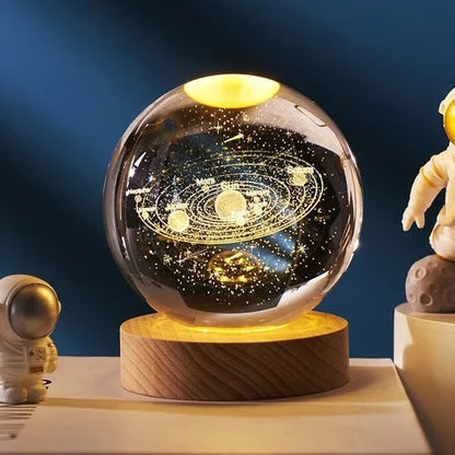 3D Solar System Crystal Ball Night Light – With Wooden LED Base