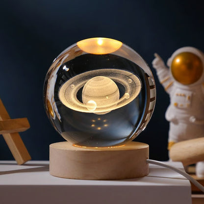 3D Solar System Crystal Ball Night Light – With Wooden LED Base