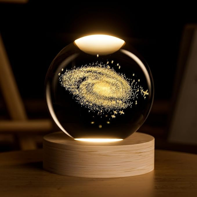 3D Solar System Crystal Ball Night Light – With Wooden LED Base